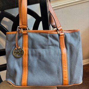 Michael Kors Canvas Tote Bag Blue Tan Leather Trim Gold MK Charm Shoulder Bag